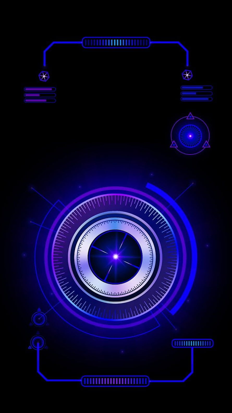Iron Man JARVIS Futuristic HUD Interface with Glowing Blue and Purple Circular Dials on Black Background HD phone wallpaper
