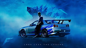 Paul Walker Leaning on Blue Nissan Skyline R34 GT-R with Godzilla Silhouette HD wallpaper