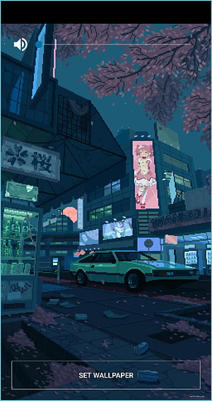 Pixel Art Night Street Scene with Cherry Blossoms and Retro Car HD phone wallpaper
