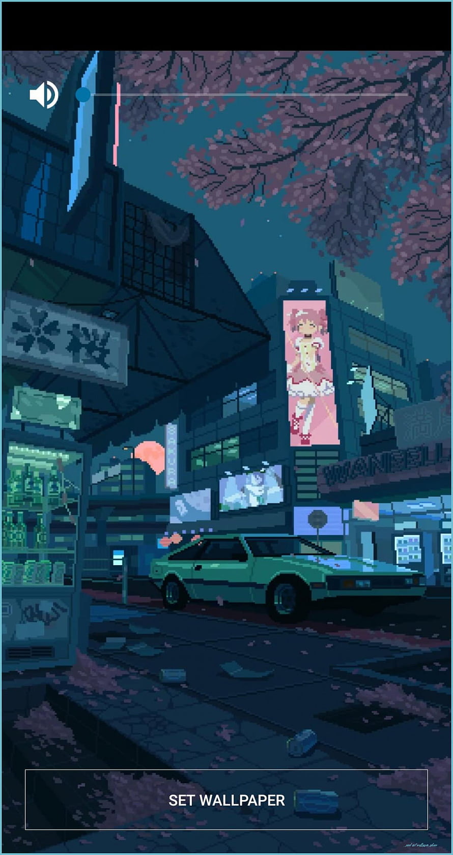 Pixel Art Night Street Scene with Cherry Blossoms and Retro Car HD phone wallpaper