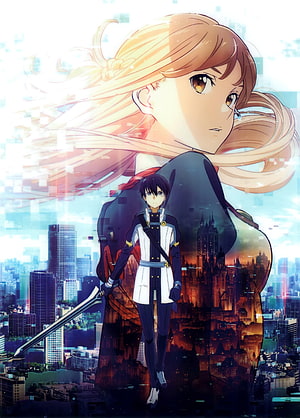 Sword Art Online Kirito and Asuna Anime Key Visual with Cityscape Background HD phone wallpaper
