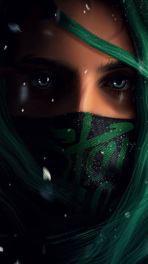 Close-up of a woman with green hair and a patterned face mask in a dark, snowy scene HD phone wallpaper