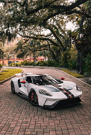 White Ford GT Super Car with Black Racing Stripes Parked on Brick Road Under Oak Trees HD phone wallpaper