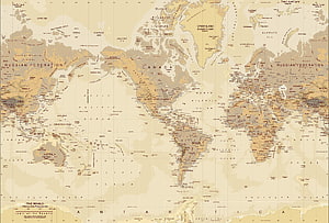 Vintage Mercator Projection World Map with Sepia Tones and Detailed Geography HD wallpaper