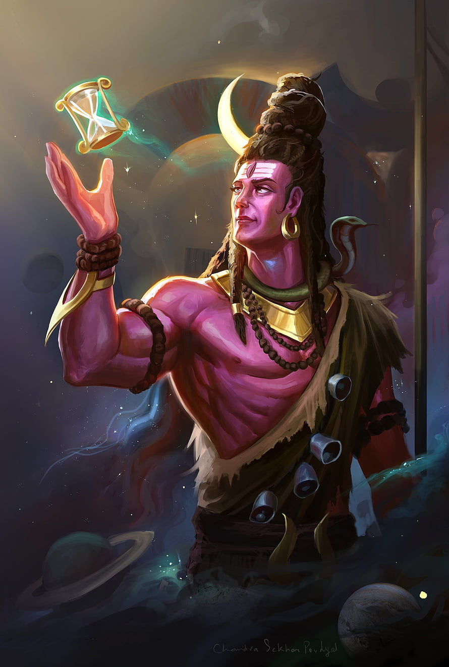 Shiva Cosmic Deity Digital Art with Hourglass and Celestial Planets HD phone wallpaper