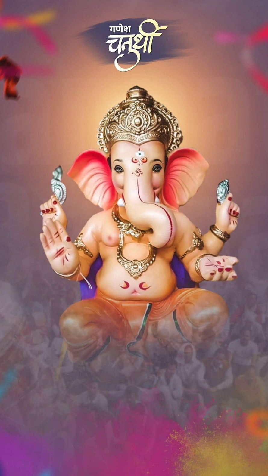 Ganesh Chaturthi Festival Poster Featuring Ornate Ganesha Idol With Colorful Powder Background HD phone wallpaper