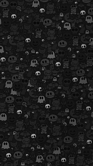 Dark Halloween Pattern Wallpaper Featuring Ghosts, Skulls, and Pumpkins HD phone wallpaper