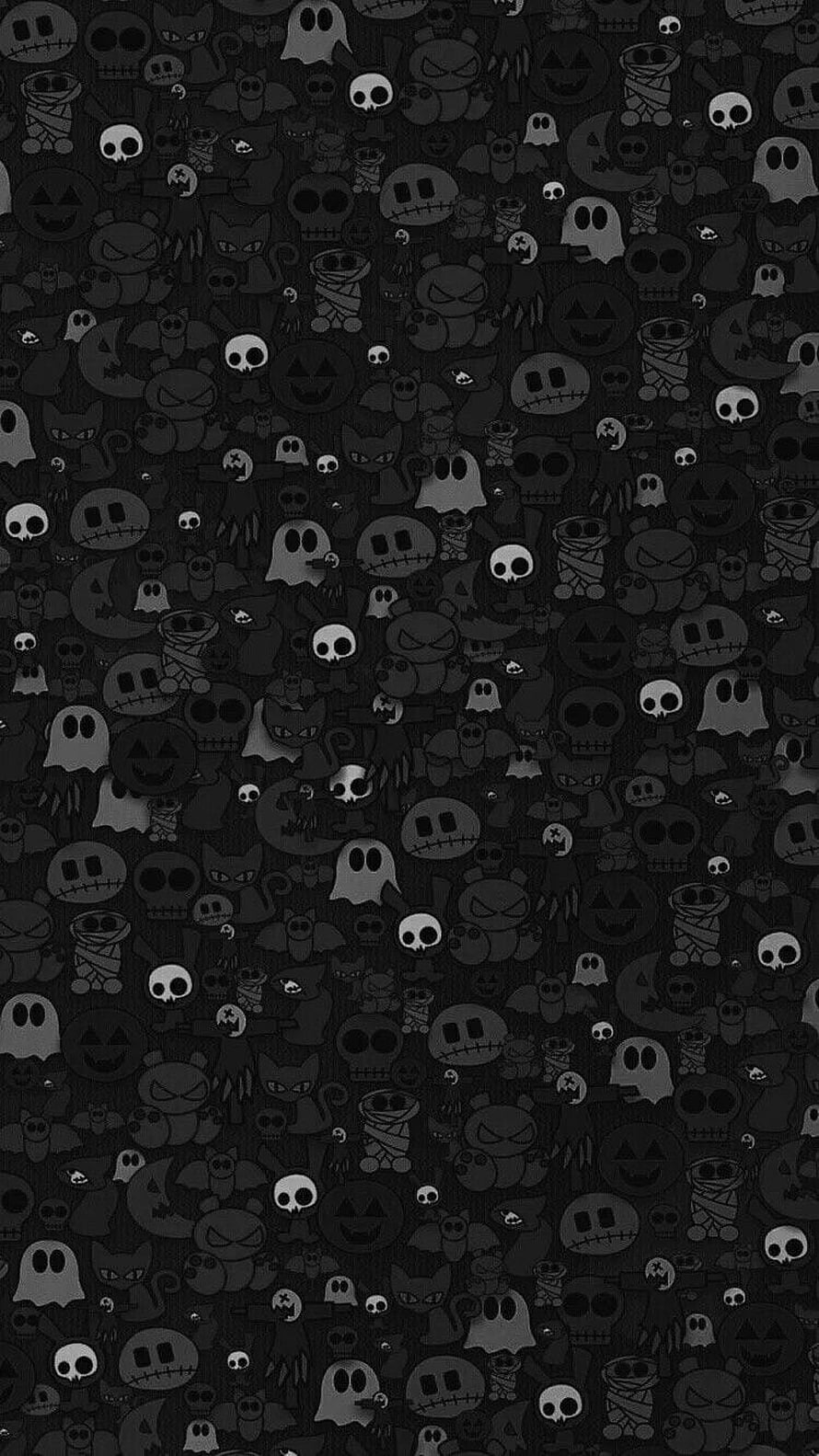 Dark Halloween Pattern Wallpaper Featuring Ghosts, Skulls, and Pumpkins HD phone wallpaper