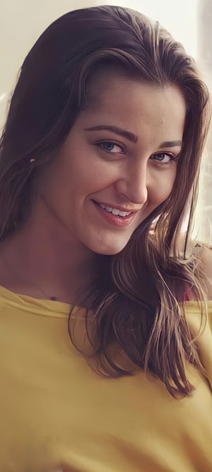 Smiling Woman With Long Brown Hair Wearing A Yellow Top, Daniels, head, nose HD phone wallpaper
