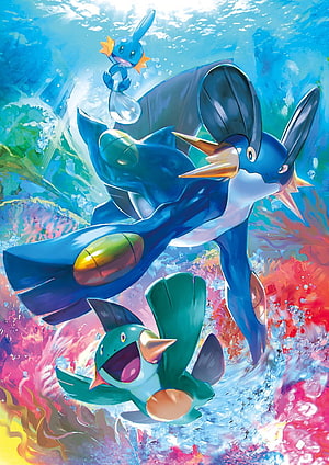 Mudkip, Marshtomp, and Swampert Evolution Line Swimming Through Vibrant Underwater Currents HD phone wallpaper