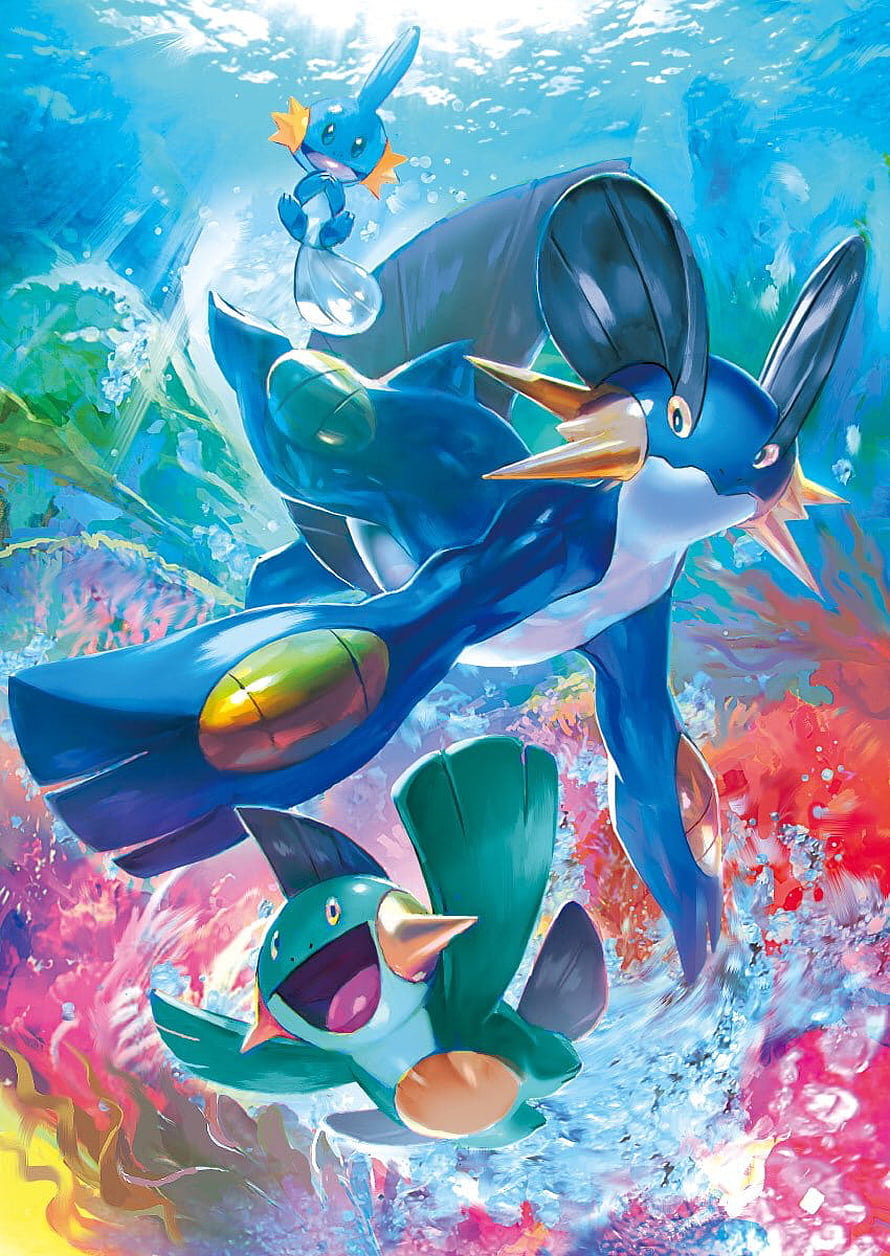 Mudkip, Marshtomp, and Swampert Evolution Line Swimming Through Vibrant Underwater Currents HD phone wallpaper