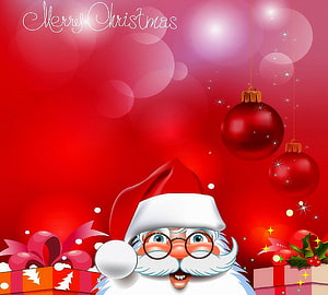 Cute Santa Claus with Glasses and Christmas Ornaments on Red Background HD wallpaper