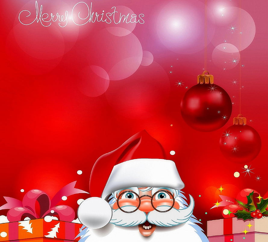 Cute Santa Claus with Glasses and Christmas Ornaments on Red Background HD wallpaper