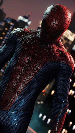 Spider-Man in Advanced Suit Against Nighttime City Skyline, Spiderman, hollywood movie HD phone wallpaper