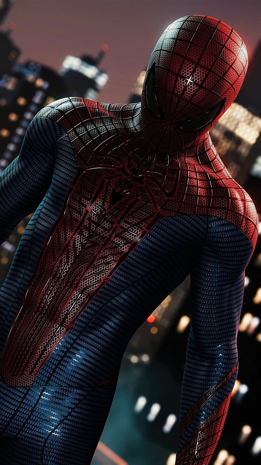 Spider-Man in Advanced Suit Against Nighttime City Skyline, Spiderman, hollywood movie HD phone wallpaper