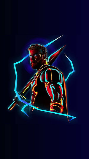 Neon-lit Marvel superhero holding a glowing spear against a dark background HD phone wallpaper