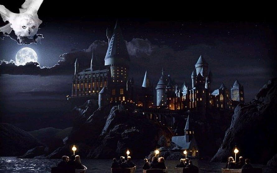 Hogwarts Castle at Night with Full Moon and Owl from Harry Potter HD wallpaper