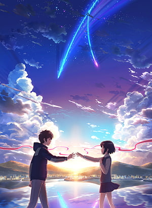 Your Name Anime Poster: Taki and Mitsuha Reaching Out Under a Split Sky with Comets HD phone wallpaper