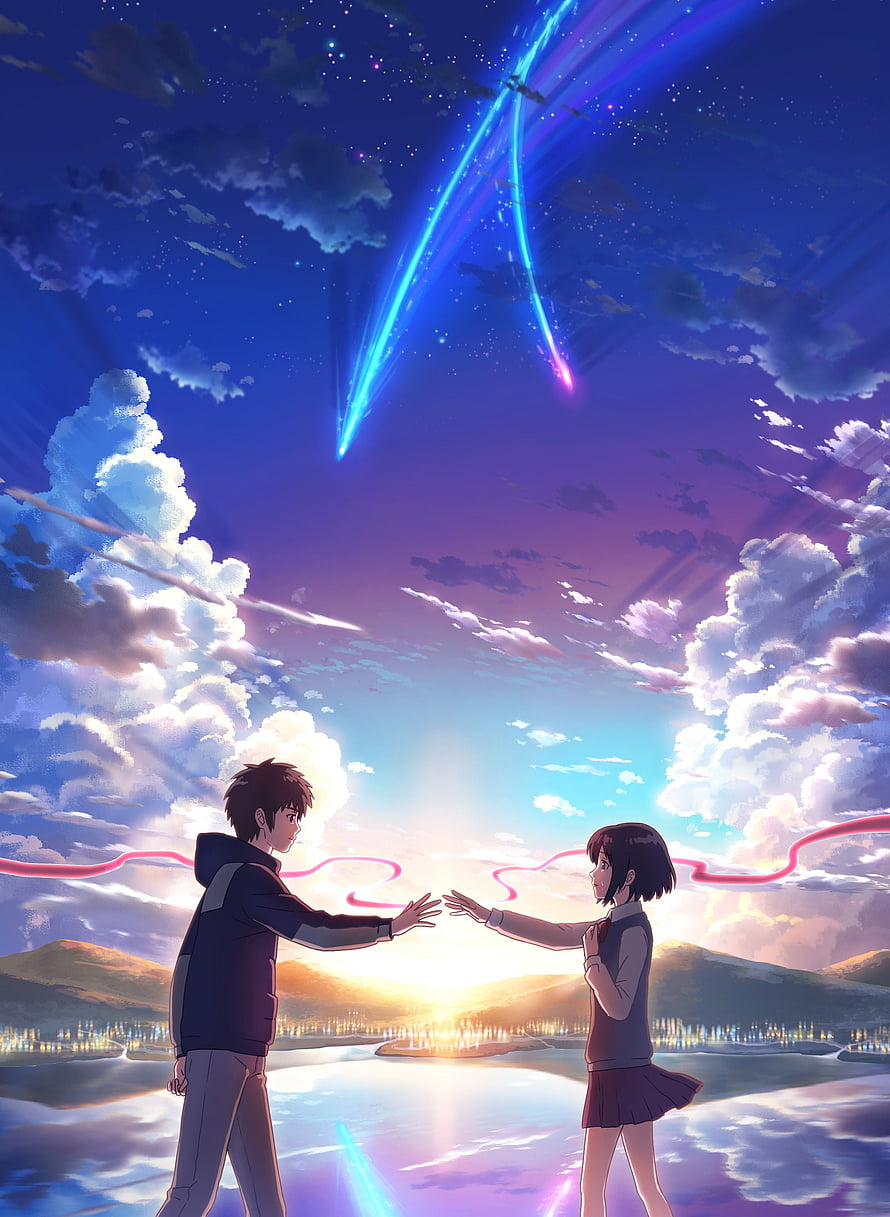 Your Name Anime Poster: Taki and Mitsuha Reaching Out Under a Split Sky with Comets HD phone wallpaper