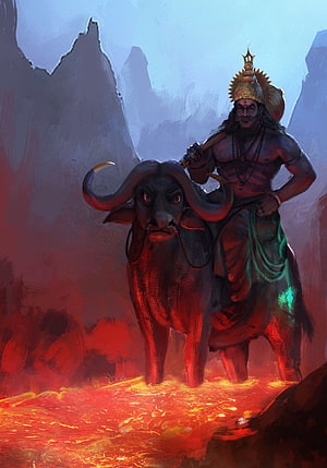 Yama, the Hindu God of Death, Riding His Bull Through a Volcanic Landscape HD phone wallpaper