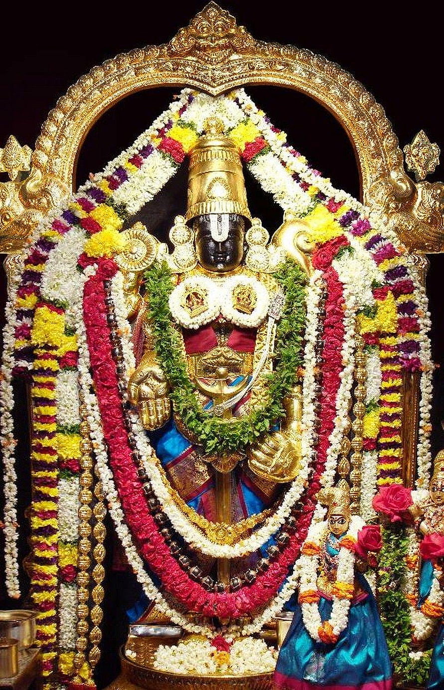 Tirumala Tirupati Balaji Temple Deity Adorned With Vibrant Flower Garlands And Gold Crown HD phone wallpaper