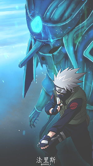Kakashi Hatake and Susanoo in Blue Tones from Naruto Shippuden HD phone wallpaper