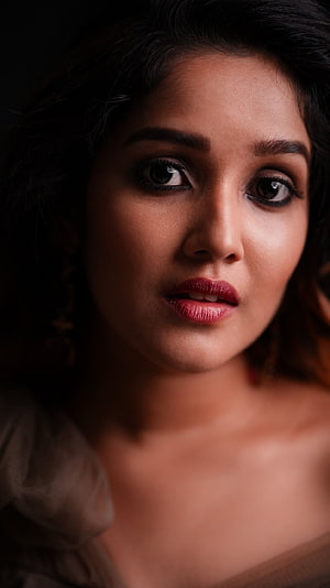 Anikha Surendran Dramatic Portrait with Dark Eye Makeup and Red Lips HD phone wallpaper
