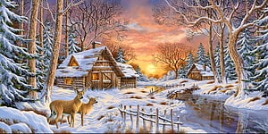 Winter Fairytale Cottage with Deer and Snowy Creek at Sunset HD wallpaper
