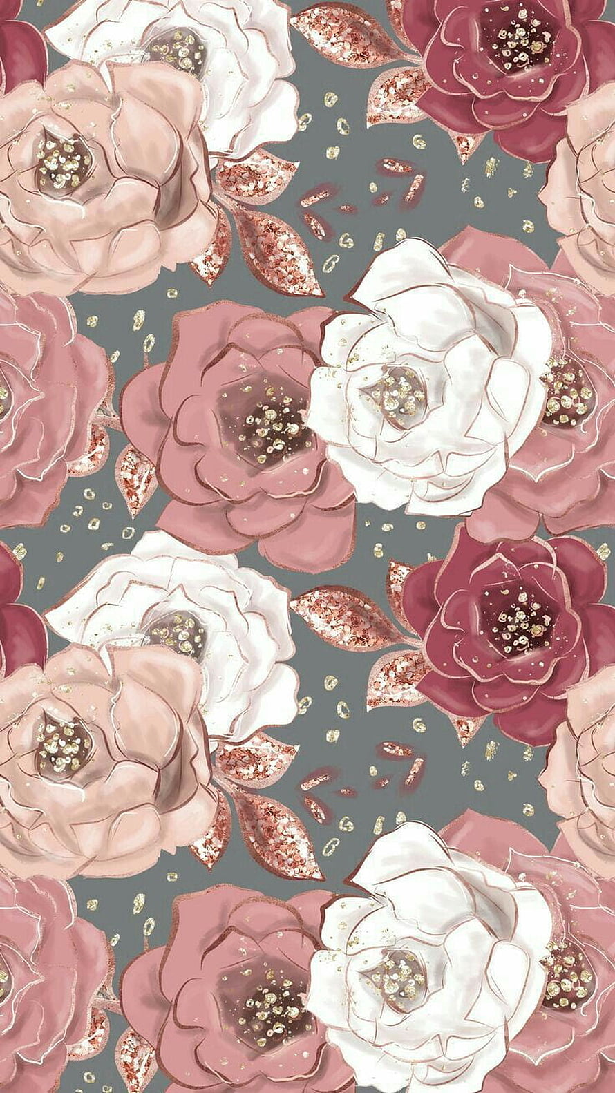 Elegant Rose Gold and Pink Floral Pattern with Gold Accents on Slate Background HD phone wallpaper