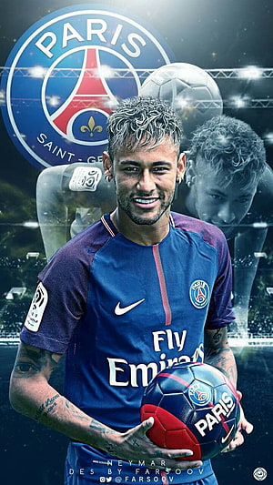 Neymar Jr in Paris Saint-Germain Kit Holding Ball with Team Crest and Stadium Lights HD phone wallpaper