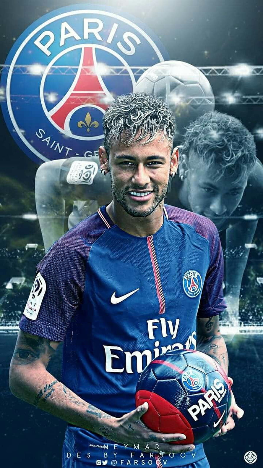 Neymar Jr in Paris Saint-Germain Kit Holding Ball with Team Crest and Stadium Lights HD phone wallpaper