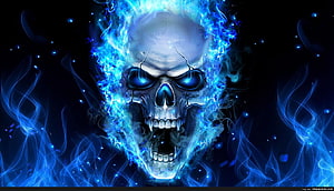 Glowing Blue Flame Skull with Fiery Eyes and Dark Smoke Background HD wallpaper
