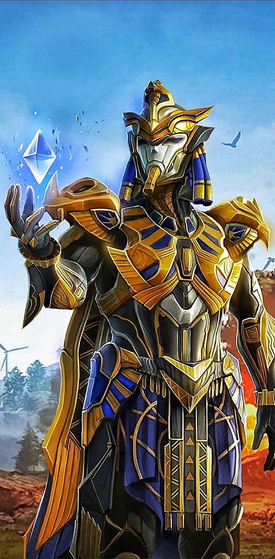 PUBG Pharaoh X Suit Concept Art with Golden Armor and Blue Crystal HD phone wallpaper