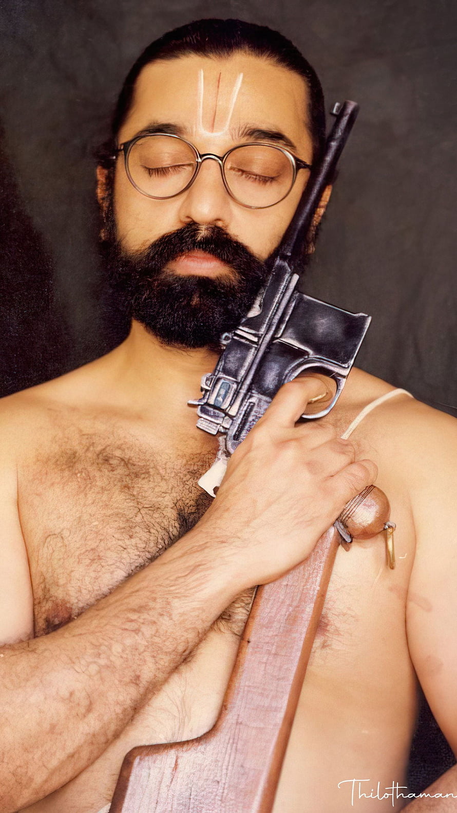 Kamal Haasan Portrait with Vintage Pistol and Round Glasses HD phone wallpaper