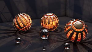 Glowing Geometric Spheres with Metallic Frames and Reflective Surfaces in a Dark 3D Scene HD wallpaper