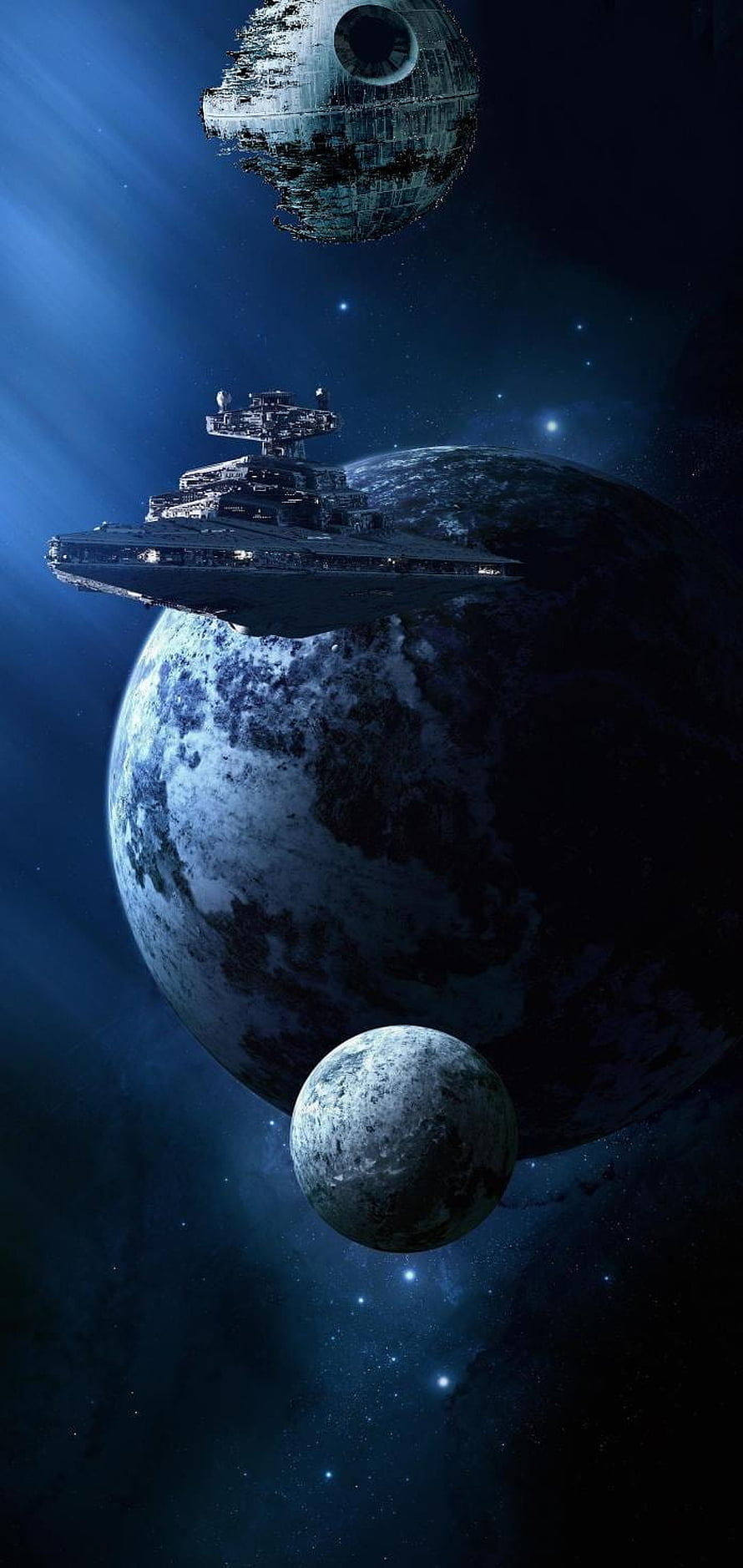 Star Wars Imperial Star Destroyer and Death Star Orbiting a Distant Planet in Deep Space HD phone wallpaper