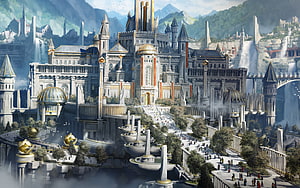 Majestic Fantasy Castle City with Golden Domes and Waterfalls HD wallpaper