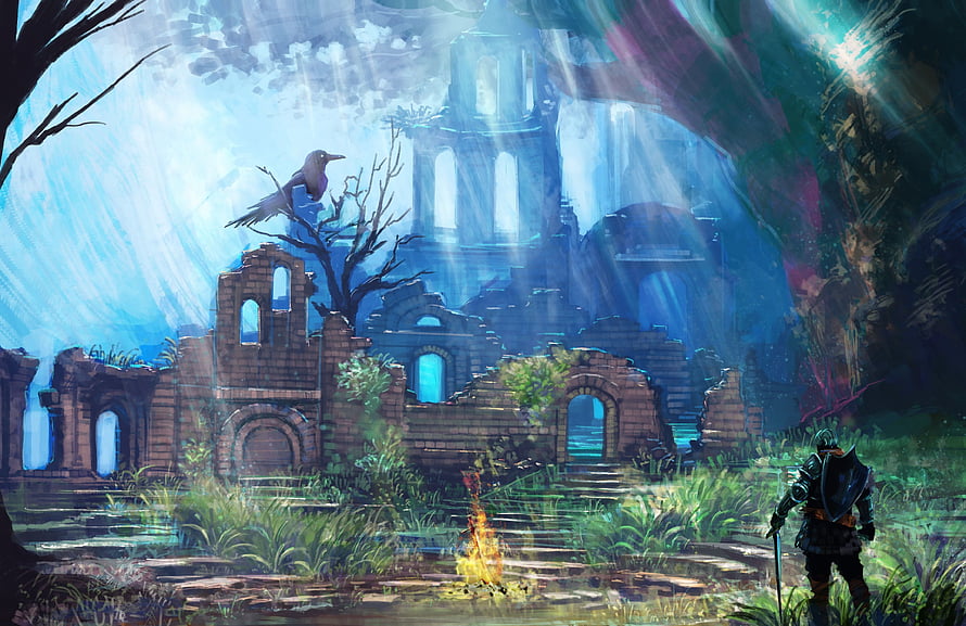 Firelink Shrine Ruins and Knight in Dark Souls Fantasy Landscape HD wallpaper