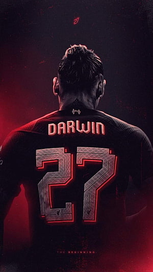 Darwin Nunez Liverpool FC 27 Jersey Back View Dark Red Neon Wallpaper HD phone wallpaper