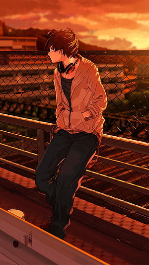 Anime Boy Sitting on Bridge Railing at Sunset with Headphones HD phone wallpaper