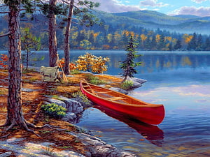 Red Canoe Moored on a Serene Lake Shore with Autumn Forest and Mountain Reflections HD wallpaper