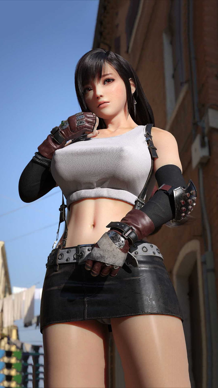 Tifa Lockhart in White Crop Top and Leather Skirt with Combat Gloves HD phone wallpaper