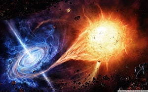 Vibrant Cosmic Scene Featuring a Glowing Black Hole and a Radiant Star in Deep Space HD wallpaper
