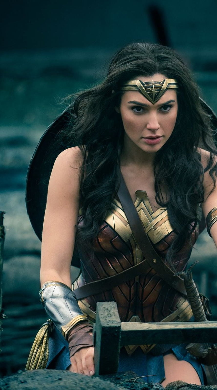 Gal Gadot as Wonder Woman in Cinematic Battle Armor with Shield and Sword HD phone wallpaper