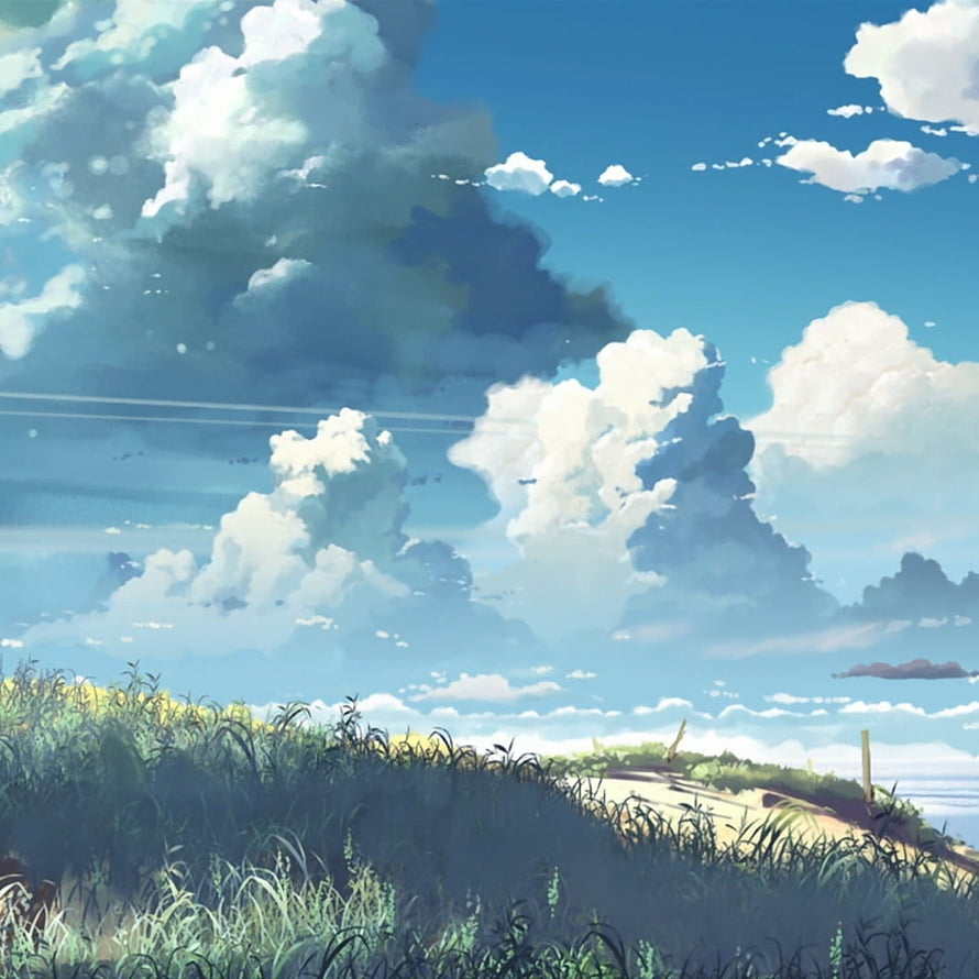 Serene Anime Landscape With Fluffy Clouds And Lush Green Grass Under A Bright Blue Sky HD phone wallpaper
