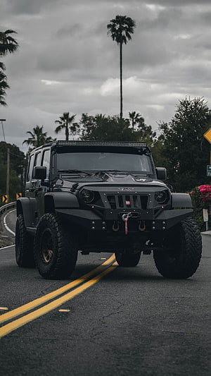 Black Modified Jeep Wrangler on a Coastal Road Under Overcast Skies HD phone wallpaper