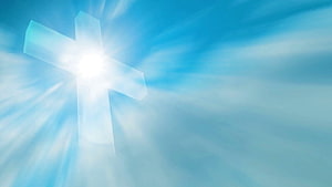 Glowing Christian Cross Radiating Divine Light Through Soft Blue Clouds HD wallpaper
