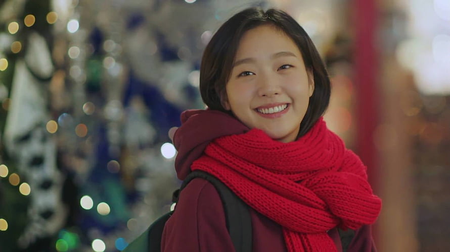 Ji Eun Tak from Goblin Korean Drama in a Red Knit Scarf with Festive Background HD wallpaper