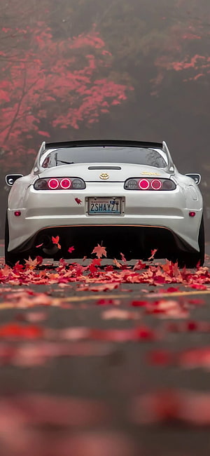 Rear View of a White Toyota Supra MK4 Parked on a Road Covered in Red Autumn Leaves HD phone wallpaper