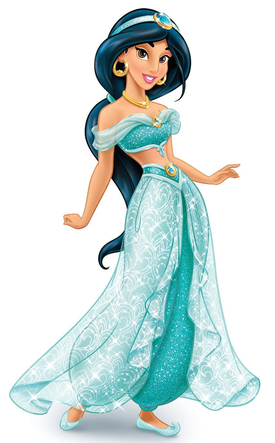 Princess Jasmine in Sparkling Teal Gown with Flowing Hair and Gold Jewelry HD phone wallpaper